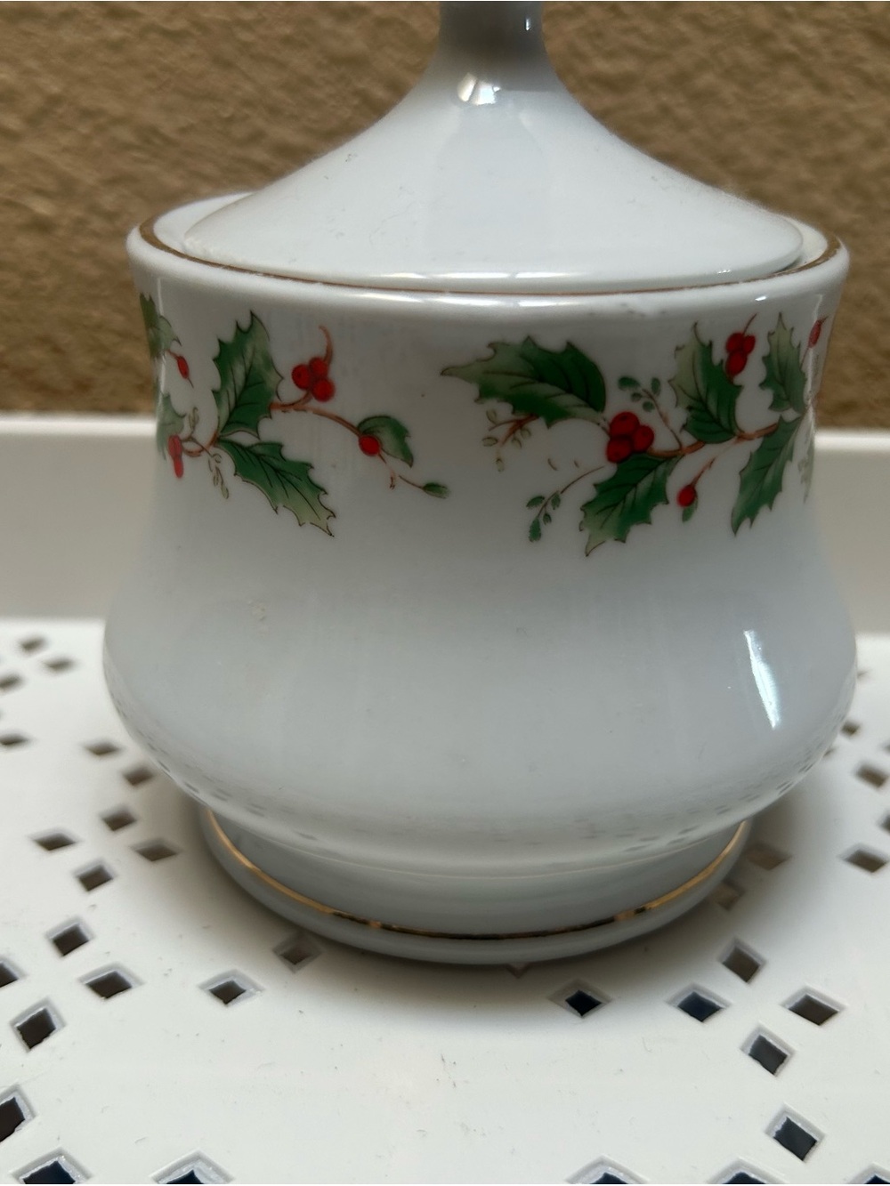 Porcelain Covered Sugar Bowl - Holiday theme White, Green & Red with lid.